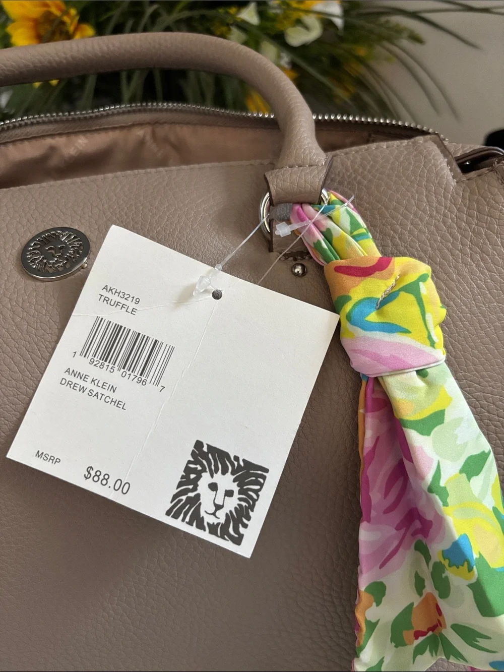 Anne Klein Truffle Color Pebbled  Satchel with Floral Scarf Accent